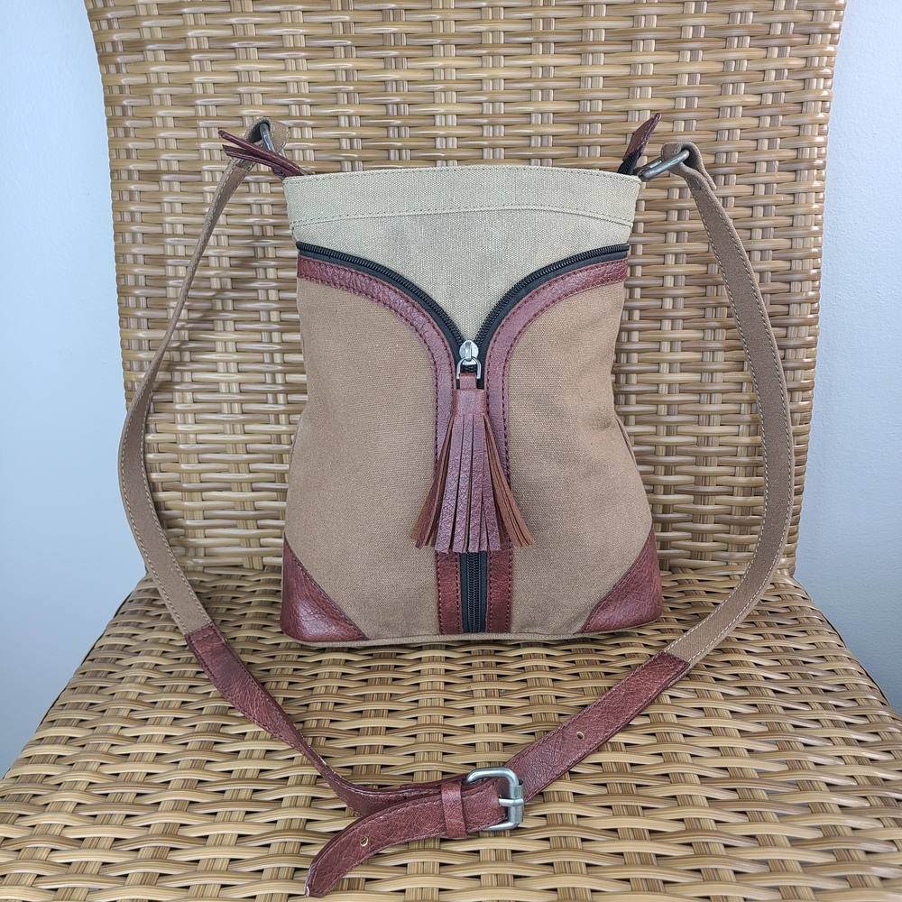 Mona B Cross City Crossbody Bag Tan Brown Canvas Leather Trim Tassel Upcycled